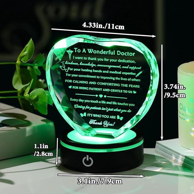 YWHL Doctor Appreciation Gifts for Women Men with Light Base, Crystal Heart Plaque Thank You Gift for Doctors Best Doctors Present Idea for Doctors' Day Retirement Birthday Christmas Table Decor