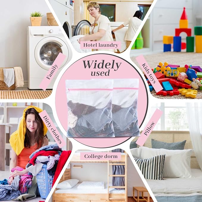 Nuenen 36 Pieces Mesh Laundry Bags Fine Mesh Wash Bags with Zipper Machine Washable Lingerie Bags for Washing Delicates Clothes Garment Underwear Blouse Hosiery Socks Travel, 16 x 20 Inches (Pink)