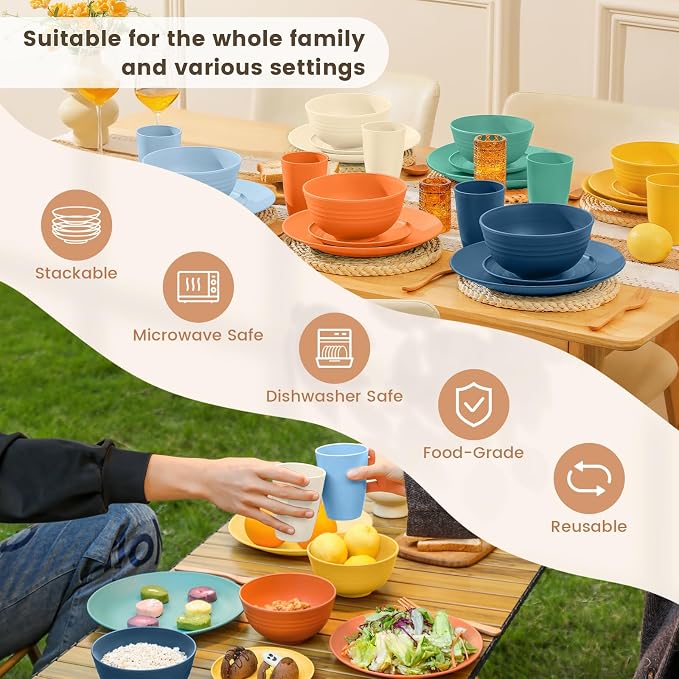 Homienly Unbreakable Wheat Straw Dinnerware Set - Plastic Plates and Bowls Sets Alternative, 24-Piece Dishes Set for Apartment, RV, Party, Microwave and Dishwasher Safe Plates, Bowls, Cups(Multi)