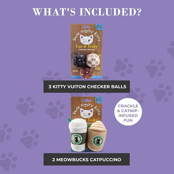 Haute Diggity Kitty Vuiton Checker Balls + Meowbucks Catpuccino Set, Plush Cat Toys Catnip Filled with Interactive Crackle Sound, Safe & Durable Toys for Cat & Kitten, 5 Pcs