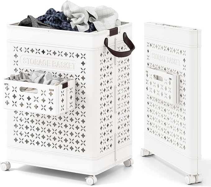 Giantex Collapsible Laundry Basket with Wheels, 75L Plastic Laundry Hamper | Foldable Dirty Clothes Hamper with Underwear Basket&Handles for Bathroom, Bedroom, Dorm Room&Laundry Room