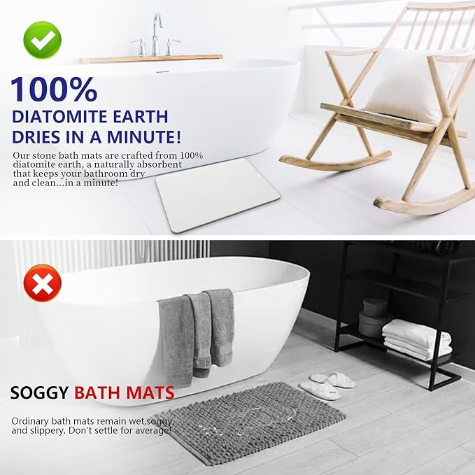 Fast Drying Stone Bath Mats for Bathroom, Non-Slip Diatomaceous Earth Bath Mat, Super Absorbent Bath Mat Stone (23.6''×15.4" White Arcana)
