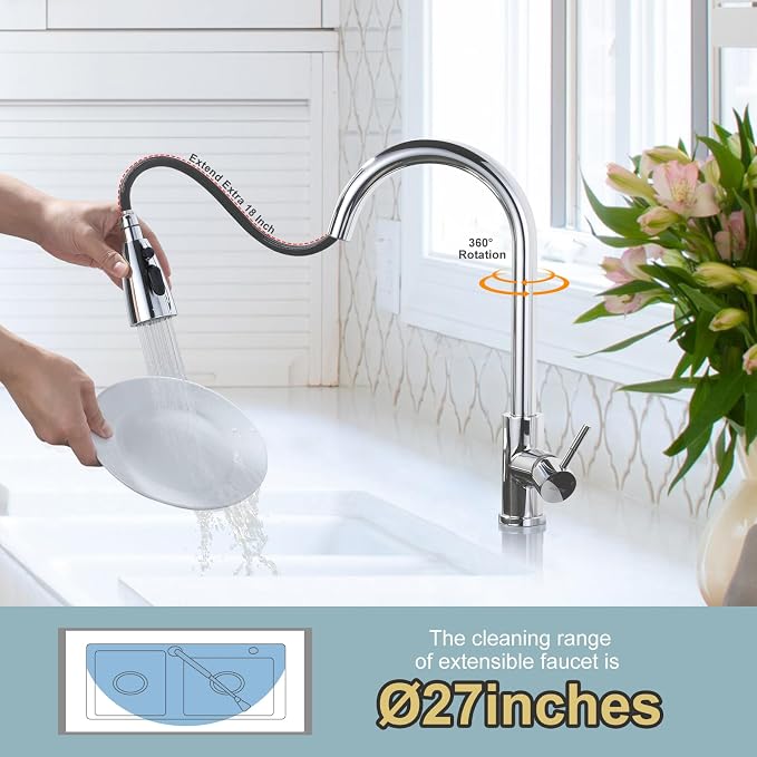 Chrome Kitchen Faucet with Sprayer, WOWOW Pull Down Kitchen Sink Faucet Stainless Steel Utility Sink Faucet with Deck Plate, Kitchen Tap for RV, Laundry, Bar