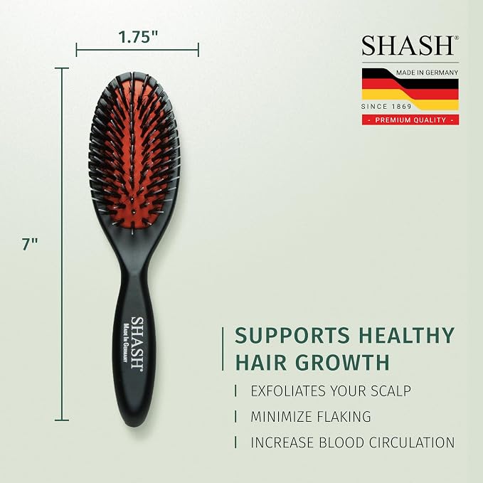 SHASH Since 1869 Hand Made In Germany - Nylon Boar Bristle Brush Suitable For Normal to Thick Hair Gently Detangles, No Pulling or Split Ends - Softens Improves Hair Texture, Stimulates (Extra Small)