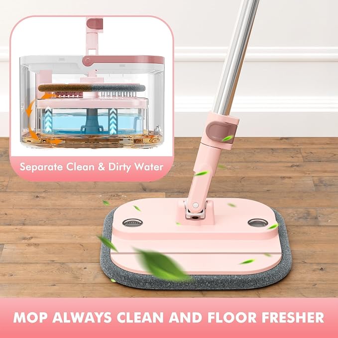 Square Spin Mop and Bucket Set with Self Separation Dirty and Clean Water System,Self Wringing 360° Rotating Mops Head for Home Floors Cleaning