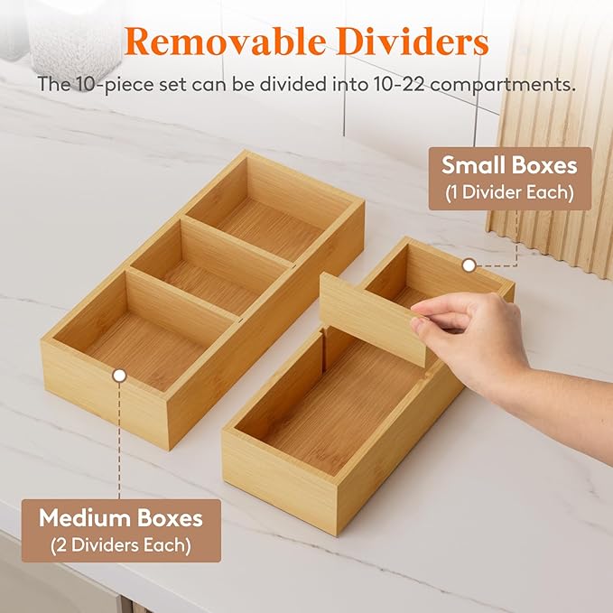 Lifewit Drawer Organizers 10 Pack(22 Grid) with 12 Inserts, Adjustable Bamboo Wooden Drawer Dividers, Stackable Storage Box for Utensils, Silverware, Makeup, Junk in Kitchen/Bathroom/Office/Vanity