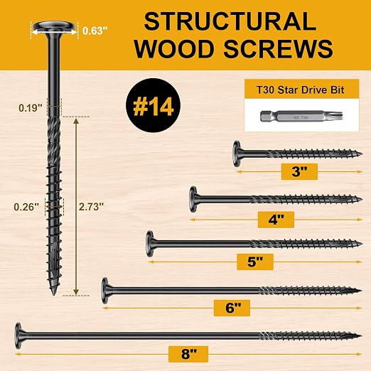#14 x 3 Wood Structural Lag Screws | 300Pcs Star Drive Decking Wood Screws, Rust Resistant Timber Screws for Timber/Log/Landscaping Wood