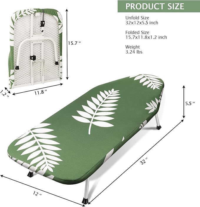 SheeChung Small Ironing Board 12"x32",Mini Iron Board with Metal Mesh Base | Tabletop Ironing Board,Non-Slip Feet,Heat Resistant Cover & Padding,Hook for Hanging,Fit for Dorm Household Laundry Apartment