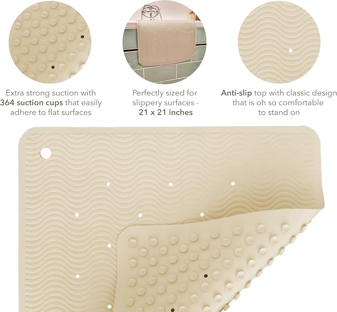 HEVEA Natural Rubber Wave Bath Mat – Square 21x21 in | Non-Slip Shower & Bathtub Mat with 364 Suction Cups, Plastic-Free & Biodegradable (Sand)