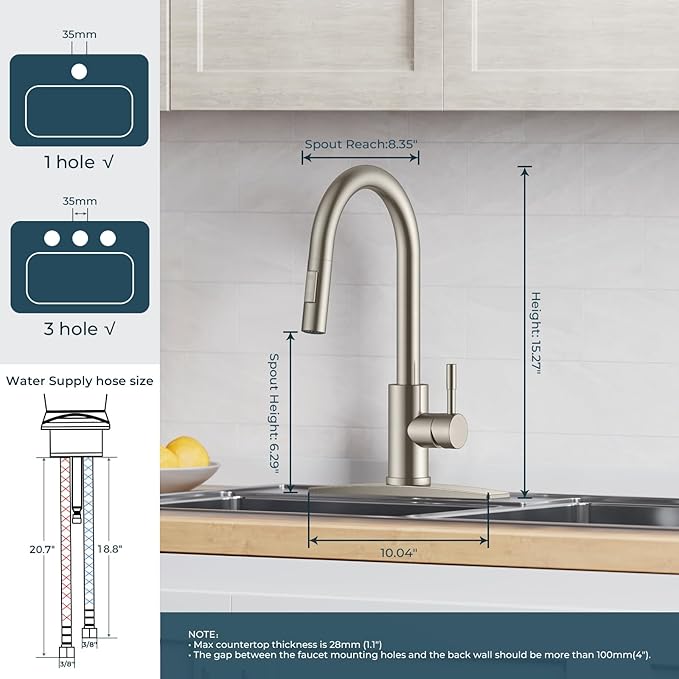FORIOUS Kitchen Faucet with Pull Down Sprayer, Brushed Nickel High Arc Modern Classic Sink Faucet Stainless Steel with Deck Plate Fit for 1 or 3 Hole for Pot Filler Bar Farmhouse Laundry Rv