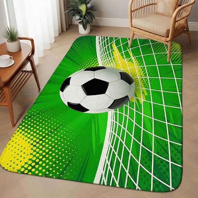 Green Football Washable Area Rugs for Living Room Bedroom, Large Non Slip Indoor Floor Carpet Absorbent Low Pile Soccer Ball Goal Net Vibrant Door Mat Rugs for Bathroom Entryway 63"x78.7"