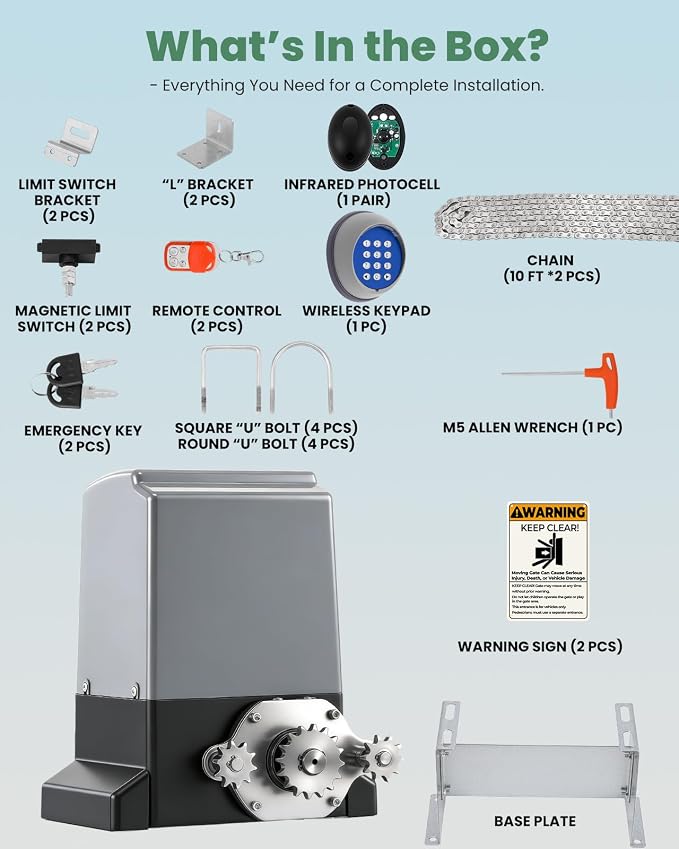 5300lbs Heavy-Duty Automatic Sliding Gate Opener with Chain Drive, 1200W AC Motor, WiFi/App& Keypad& Remote Control, Infrared Safety Sensor- Complete Kit for Driveway Slide Gates Up to 40ft