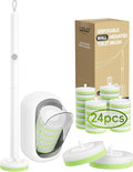 Wall Mounted Disposable Toilet Brush System with Holder, Toilet Bowl Cleaning Wand with Green Refills and One-Button Release, 1 Wand and Holder with 24 Green Refills