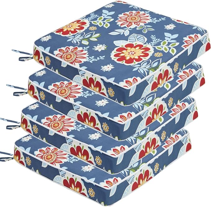 JMGBird Outdoor Chair Cushions Set of 4 - Waterproof Patio Seat Cushions 19x19 Inch with Ties, Blue Flower Floral Pattern High Density Foam Square Cushions for Garden Furniture