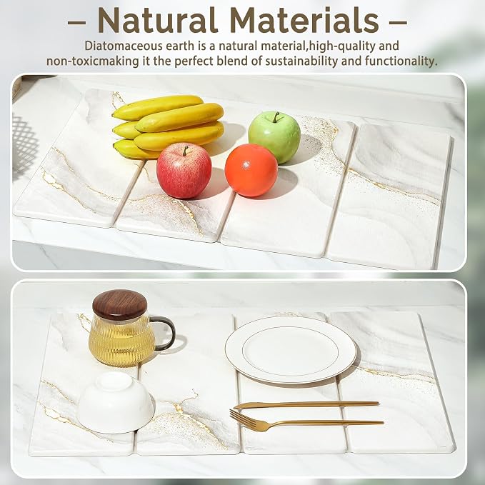 Large Stone Dish Drying Mat for Kitchen Counter, 2 PCS Quick Dry Stone Mats, Foldable Water Absorbing Diatomaceous Earth Drying Dishes Pad for Countertop Bottle Utensil Cup(Yellow White 24"x16"&8"x4")