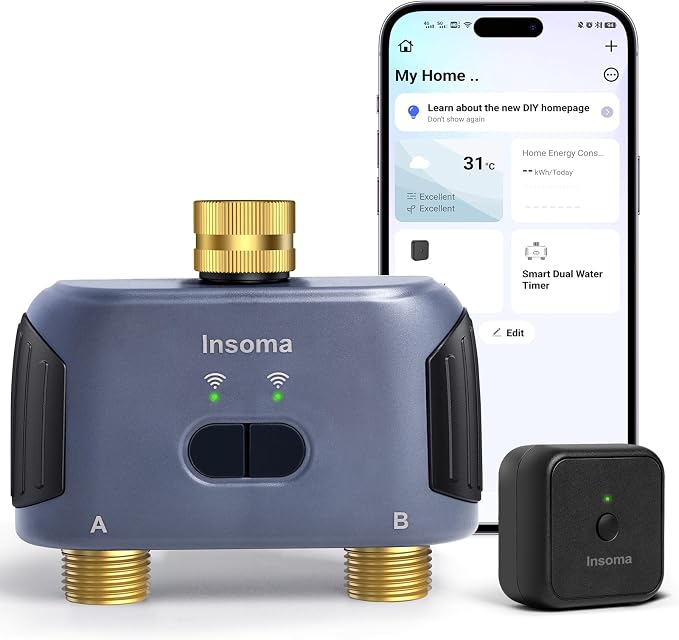 2 Zones WiFi Water Timer Brass Inlet and Outlet, Sprinkler Timer for Garden Hose, APP Remote Control WiFi Hose Timers with Gateway, Voice Control with Alexa, Rain Delay and Manual Mode for Watering