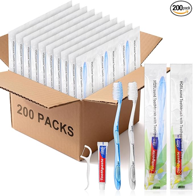 200 pcs Disposable Toothbrushes with Toothpaste Floss Individually Wrapped, 2 Color Toothbrush, 10g Toothpaste, Floss Pick, Bulk Toothbrush for Homeless,Airbnb,Hotel,Guest