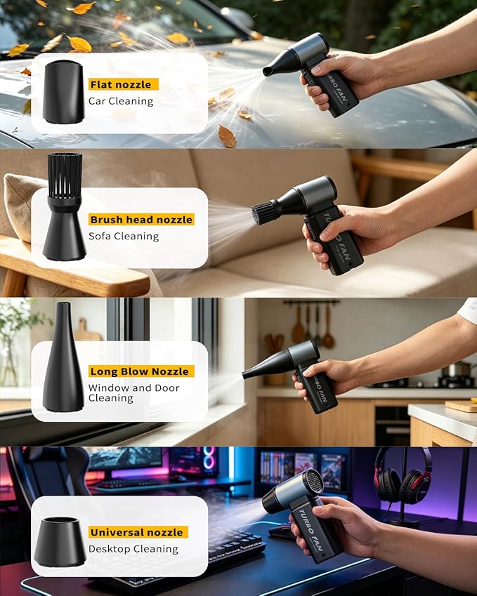 Compressed Air Duster, 130000RPM Super Power Electric Air Duster for PC Keyboard, 5-Speed Turbo Fan, Rechargeable Dust Air Blower for Electronics, Keyboard, Home & Outdoor Cleaning, Black