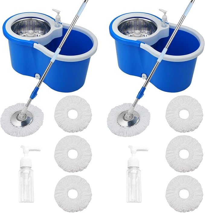 Spin Mop and Bucket with Wringer Set, 6 Mop Refills, 61" Handle (2 Sets) | 360° Spinning Mop System with Stainless Steel Extended Handle & 6 Microfiber Refills for Floor Cleaning