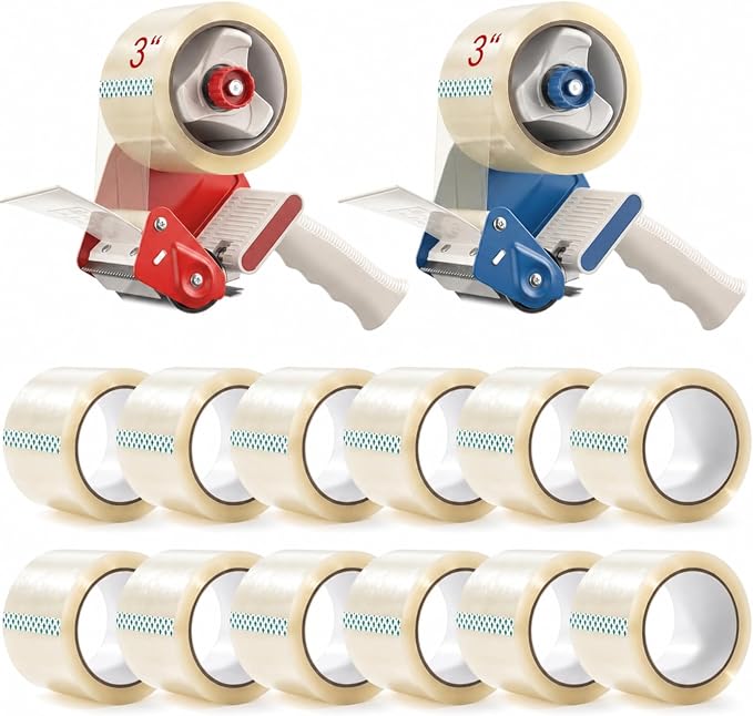 2 Pack 3 Inch Packing Tape Dispenser Gun with 12 Pcs 3 Inch x 65 Yard Roll Packing Tape for Packaging Shipping, Moving, Carton and Box Sealing