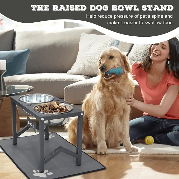 Elevated Dog Bowls, Metal Raised Dog Bowl Stand with 2 Thick 58oz Stainless Steel Food Bowls & Non-Slip Mat - 11.8" Tall for Medium/Large Breeds(Grey)