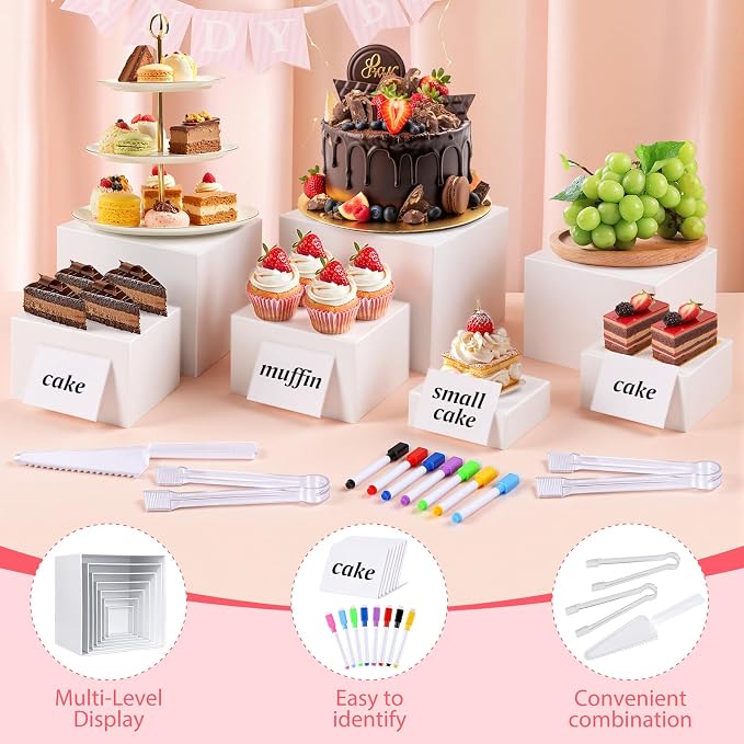 [7 Pcs] White Buffet Risers Food Risers - Dessert Table Display Set and Food Cake Stands with Table Sign and Maker,Serving Tongs,Cake Cutter for Wedding Birthday Party Decoration(Size 9" 8" 7" 6" 5" 4" 3")