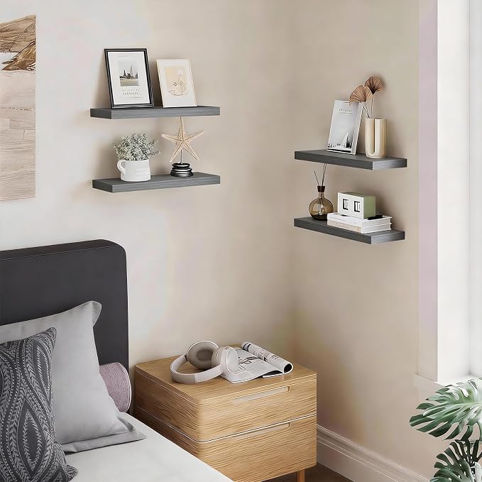 BAYKA Grey Floating Shelves for Wall, Set of 3, Wall Mounted Rustic Wood Shelves for Bathroom, Bedroom, Living Room, Kitchen, Small Hanging Shelf for Books/Storage/Room Decor, 15.7in