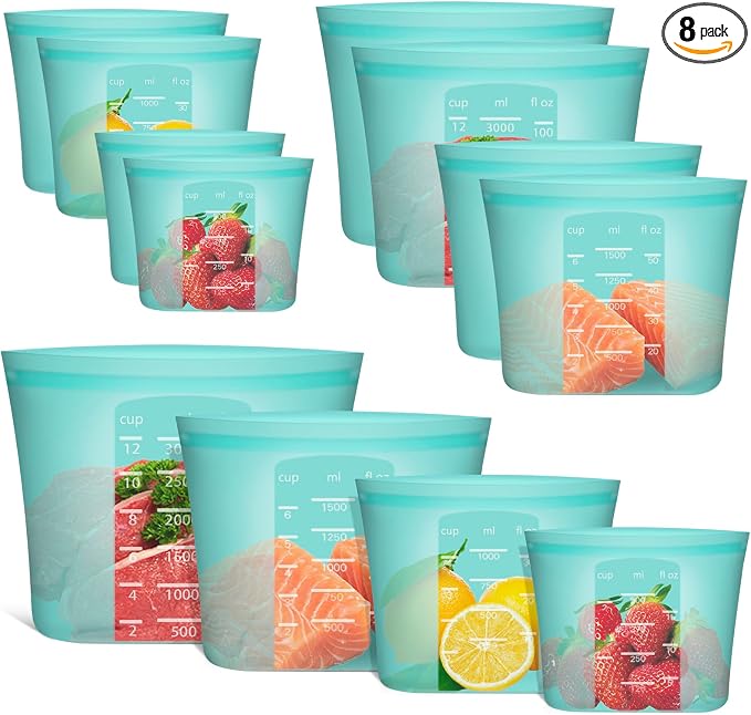 Reusable Storage Bag, 8 Pack 100% Silicone Food Storage Bags Stand Up Zip Lock Bags for Food Container, Freezer Microwave Oven Dishwasher Safe, 2 X-Large(0.8 Gallon) 2 Medium 2 Small 2 X-Small, Aqua