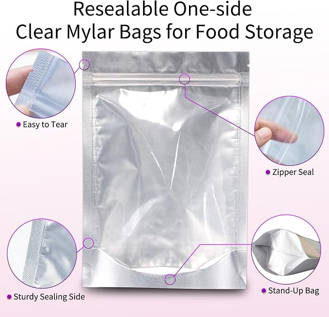 Wisesorb 120pcs Mylar Bags for Food Storage with Oxygen Absorbers 300cc 500cc (50 Packs Each), Resealable Pouches 4 Sizes Mix Bundle 30 Each (10x14, 7x10, 5x7, 4x6 Inches), Stand Up with Clear Window
