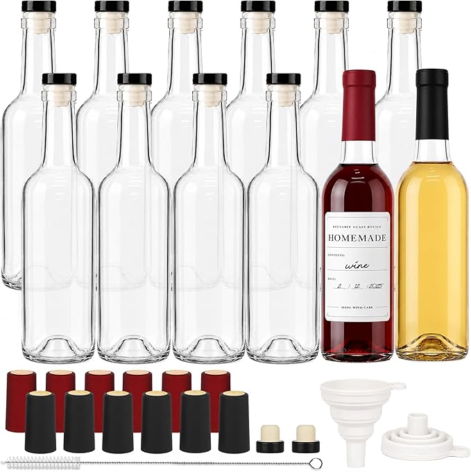 TBWIND 12 Pack 12oz Clear Glass Wine Bottles, 375ml Small Liquor Bottles with T-Top Corks & Shrink Capsules for Limoncello, Mead, Kombucha & Vanilla Extract, Includes Funnels & Brush