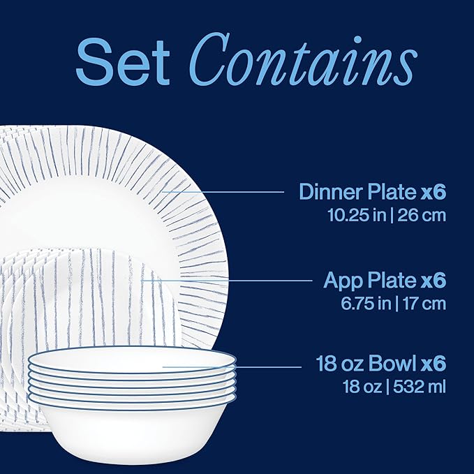 Corelle 18-Piece Dinnerware Set Service for 6, Lightweight Round Plates and Bowls Set, Vitrelle Triple Layer Glass, Chip Resistant, Microwave and Dishwasher Safe, Nautical Stripes