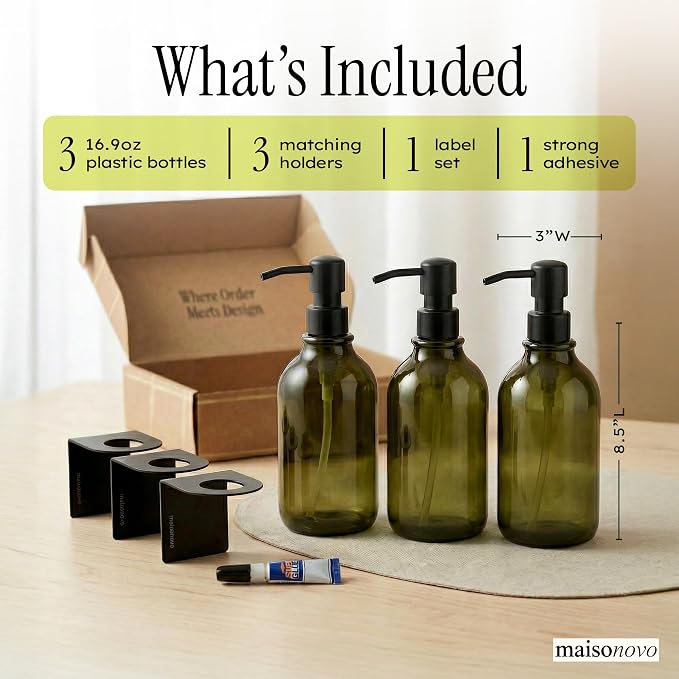Shampoo and Conditioner Dispenser Wall Mounted Set of 3 Green - No Drill Shower Soap Dispenser for Bathroom Refillable - Spa Hotel Style Accessories by MaisoNovo