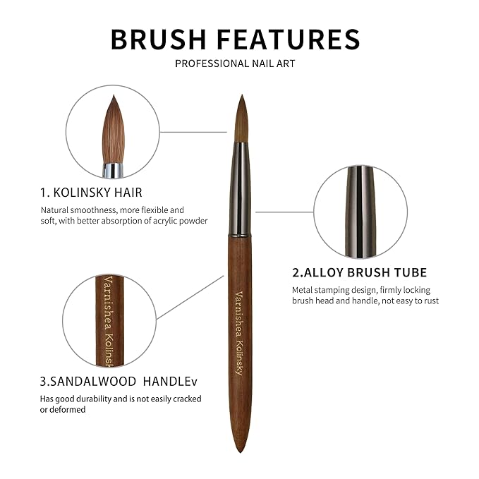 100% Pure Kolinsky Hair Acrylic Nail Brush Sandalwood Handle Professional Manicure Brushes for Powder Nail Acrylic Application - Salon & DIY Nail Art Essentials - Size 10, 1.0 Count