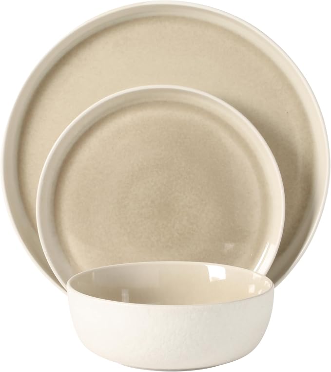 Gibson Elite Tahoe Sunset 12-Piece Reactive Stoneware Dinnerware Set – Matte Exterior & Shiny Interior Plates and Bowls, Durable Everyday Dish Set, Microwave & Dishwasher Safe - Taupe