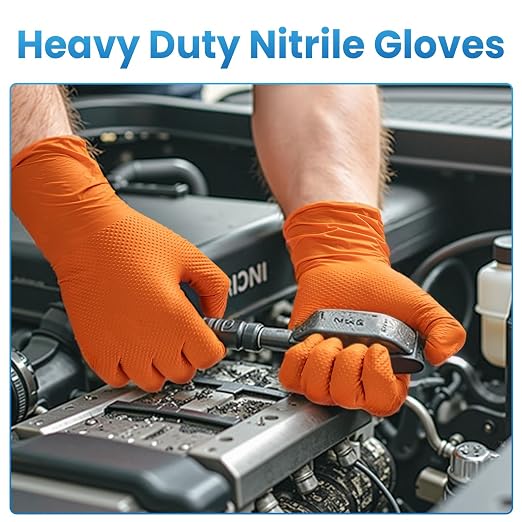 Borje Orange 8 Mil Nitrile Disposable Gloves, 100 Count, Large | Heavy-Duty, Latex & Powder Free, Raised Diamond Texture, Mechanic, Industrial, Automotive, Gardening