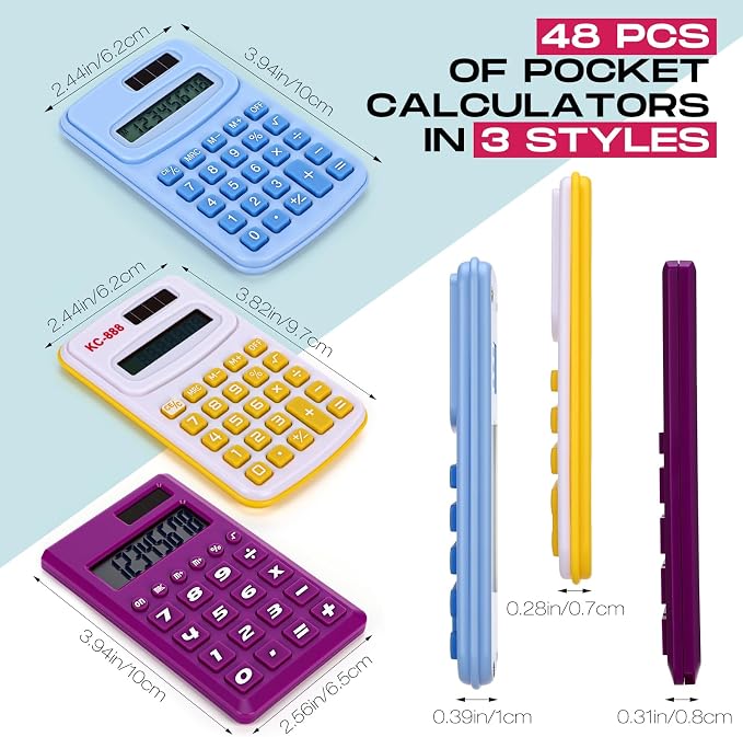Yunsailing 48 Pcs Pocket Calculators Bulk Mini 8 Digit Handheld Calculator Small Basic Standard Calculator for Students Kids Teachers School Desktop Home Office, 3 Designs (Fresh)