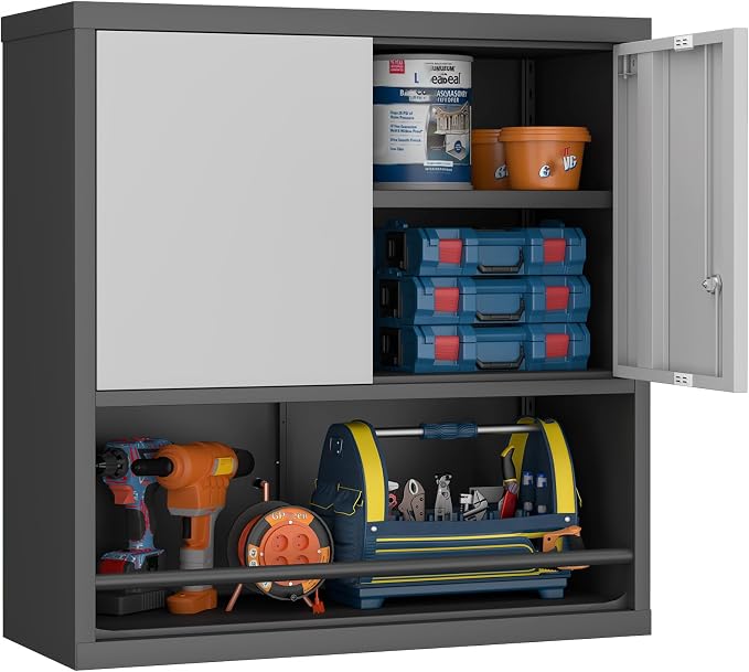 GREATMEET 31" H Metal Garage Storage Cabinets with Doors and Shelves, Lockable Storage Cabinet with Lock, Hanging Cabinets for Wall, Wall Mount Cabinet for Utility Room, Black&Grey