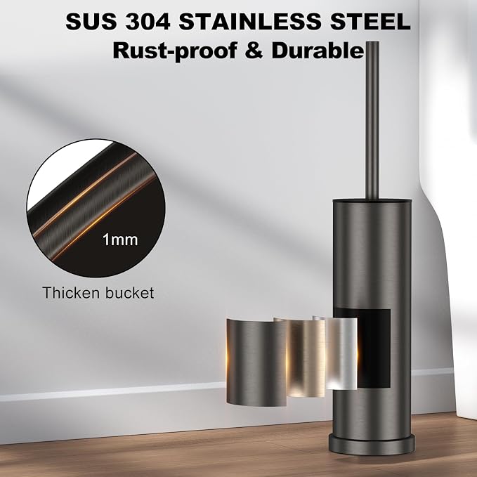 Pewter Toilet Brush and Holder Set，Stainless Steel Heavy Duty Toilet Bowl Brush，Extra Long Handled Modern Toilet Cleaner Brush with Replaceable Head, Removable Inner Bowl, and Splash Protection