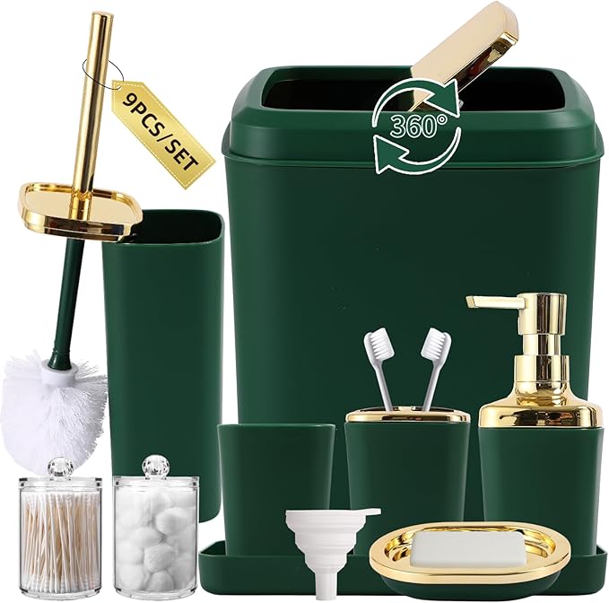 XLHOMO Bathroom Set, 9PC Bathroom Accessory Set, Green Bathroom Accessories, Green Bathroom Set, Trash Can, Soap Dispenser for Home Decor