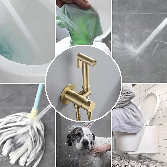 SHAMANDA Warm Water Bidet Sprayer for Toilet with Hot and Cold Brass Rough-in Valve, Stainless Steel Round Handheld Bidet Attachment Set for Feminine, Pets and Baby Diaper Wash, Brushed Gold, BDS09-3