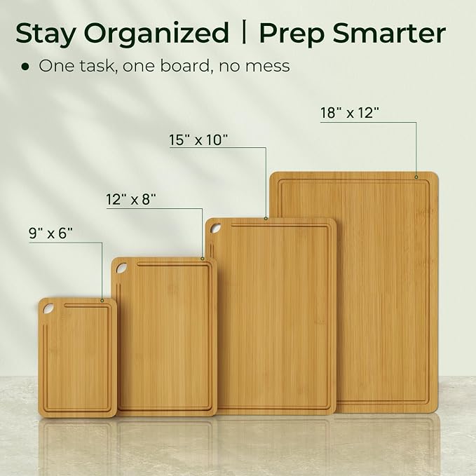 Keechee Natural Bamboo Cutting Board Set of 4, Wood Chopping Block Set | Deep juice grooves, built-in handles, four piece set for meat cutting, veggie prep and serving