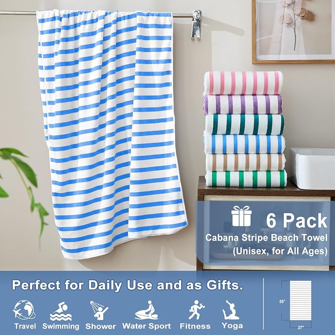 JML Microfiber Beach Towels Set, 6 Pack, 27" x 55", Cabana Stripe Blue | Haning Loop, Soft, Absorbent, Quick Dry, Use for Bathroom, Swimming Pool