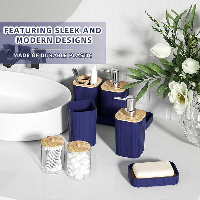 XLHOMO Bathroom Accessories Set - Elegant Blue Bathroom Set, 10PC Bathroom Accessory Set, Toilet Brush, Trash Can, Qtip Holder Dispenser & Soap Dispenser
