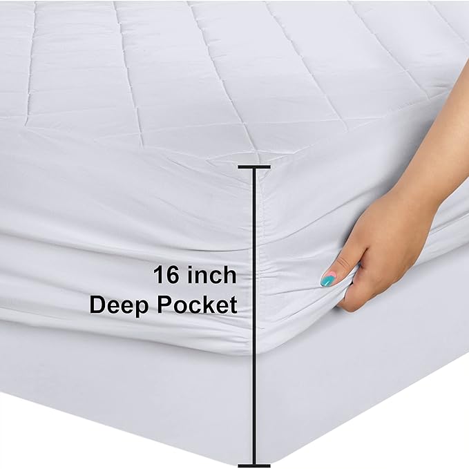 Quilted Fitted Mattress Pad, King Mattress Protector Topper with Deep Pocket Stretches up to 16 Inches, Machine Washable Mattress Cover by Utopia Bedding (White)