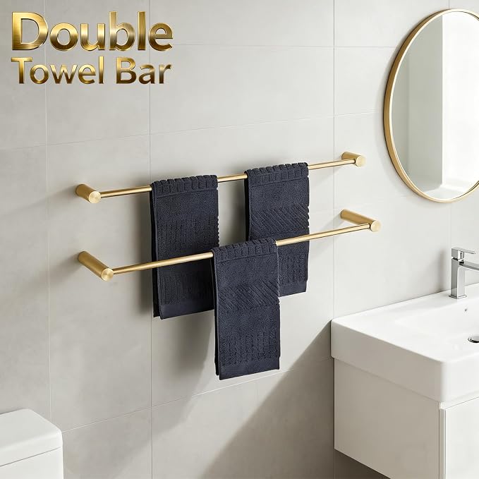 Towel Racks for Bathroom, NEWRAIN 30 inch Double Bath Towel Bar Wall Mounted, Stainless Steel Kitchen Towel Holder, Brushed Gold Towel Rod Towel Rail Hange