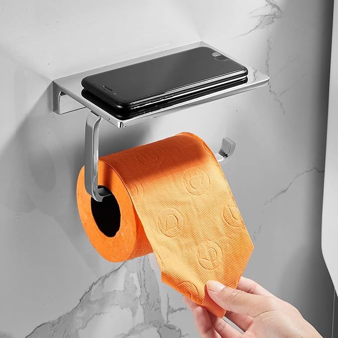 Toilet Roll Paper Holder for Bathroom Solid Brass and Superior Hotel Style Tissue Roll Holder with Cell Phone Storage Polished Chrome Finished