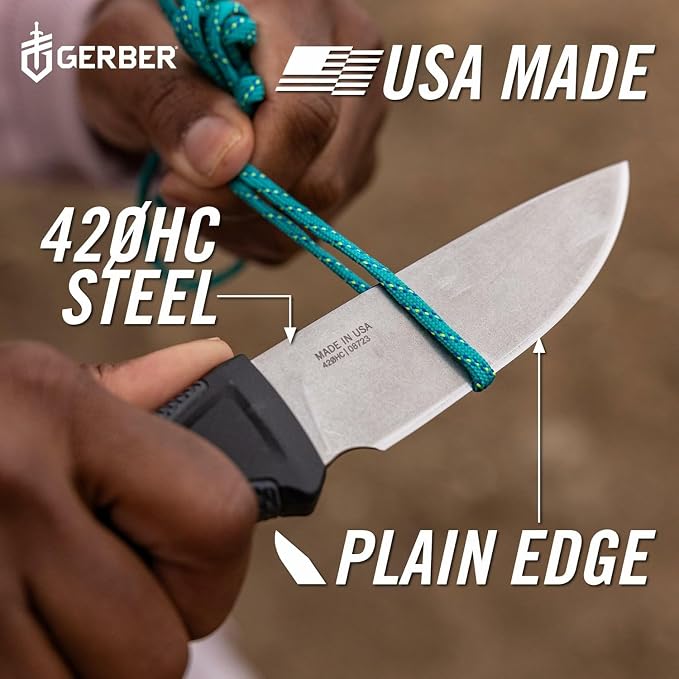 GERBER GEAR Strongarm Camp - Fixed Blade Camping Knife for Controlled Cuts For First Aid Or Cutting Rope Made With 420HC Full Tang Plain Edge Blade And Diamond-Textured Grippy Handle-Made in USA- Gray