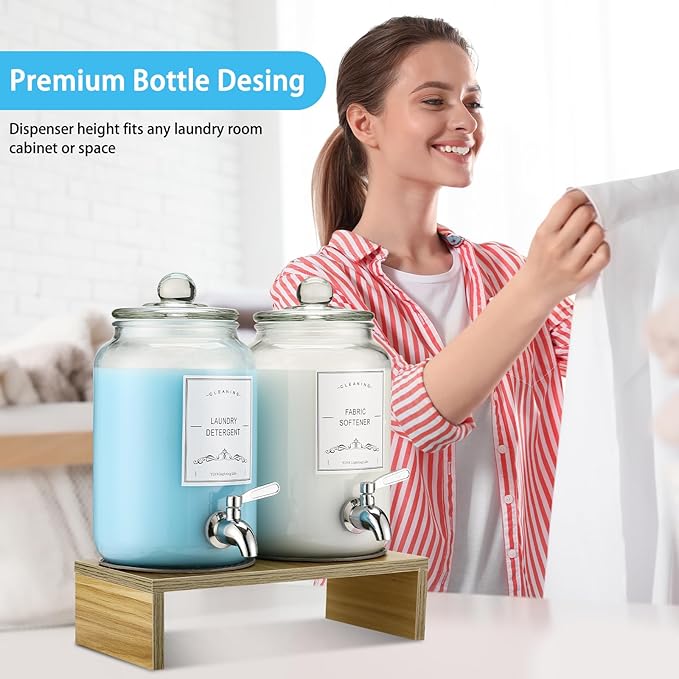 2-Pack Glass Laundry Detergent Dispenser with Stand, 106oz Leak-Proof Glass Fabric Softener Dispenser- Laundry Soap Dispenser-Reusable Container for Kitchen & Bathroom Storage