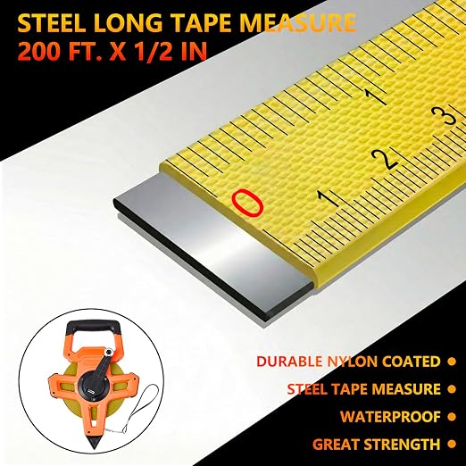 200ft/61m Open Reel Long Steel Tape Measure, 1/2" Nylon-Coated Steel Blade, Dual Inch/Metric Scales, ABS Impact-Resistant Case for Construction, Surveying, Orange
