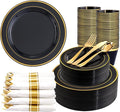 350 Pieces Black and Gold Plastic Plates with Disposable Silverware, Include 50 Dinner Plates 9”, 50 Dessert Plates 6.3”, 50 Black Cups 9 OZ, 50 Pre Rolled Napkins for Wedding/Party/Birthday/Halloween
